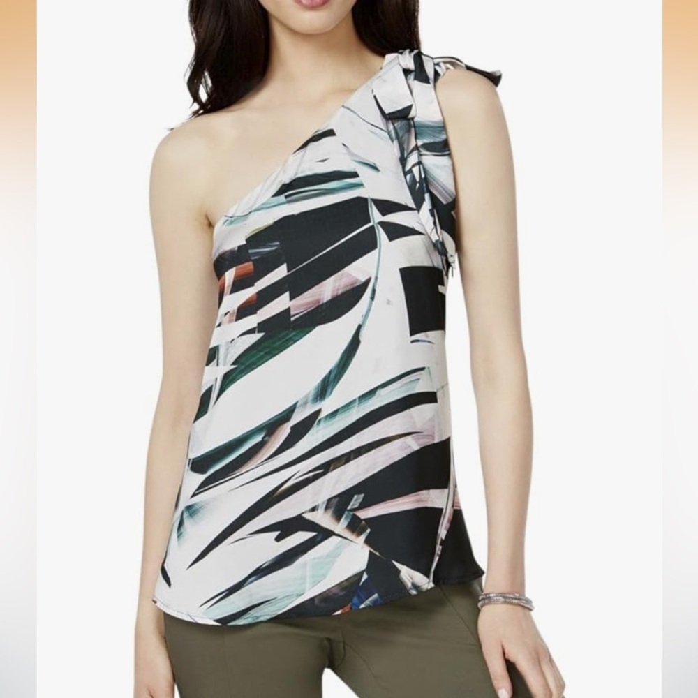 Bar III One-Shoulder satin Abstract Print blouse Camisole top bow shoulder Med
